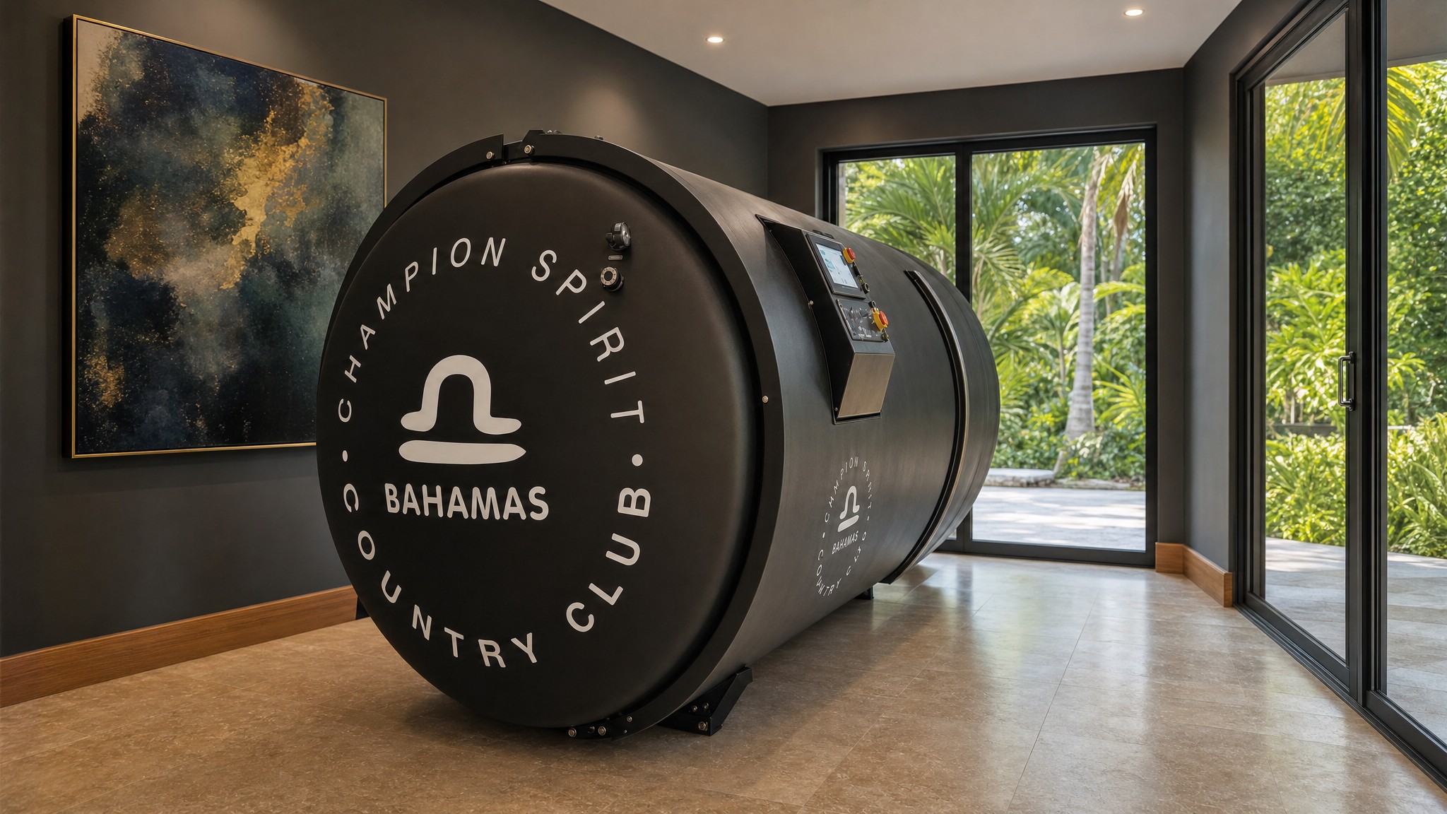The hyperbaric chamber at Champion Spirit Country Club, seen from the treatment room